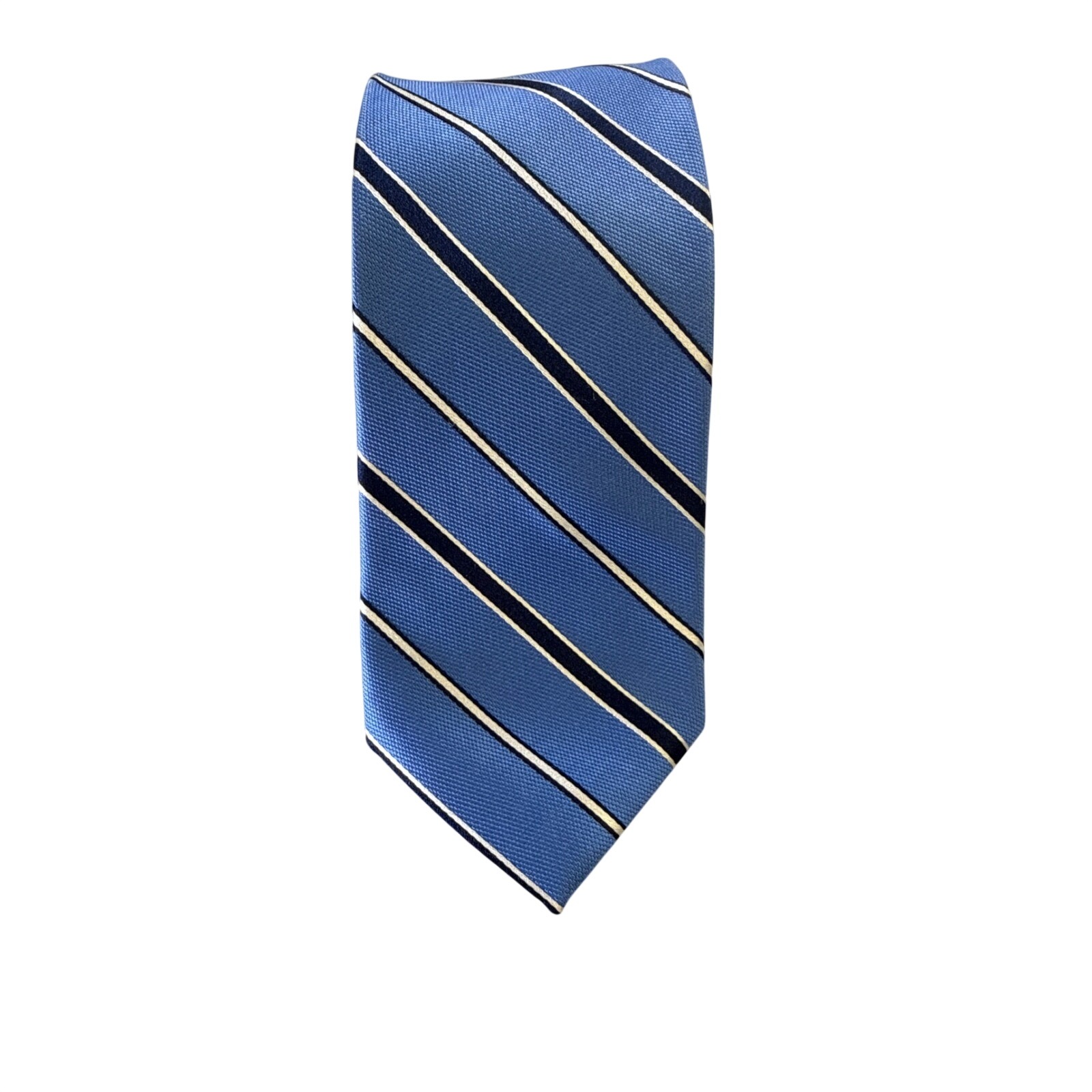 Roundtree  Yorke Mens Silk Necktie Blue Navy White Diagonal Striped Handmade